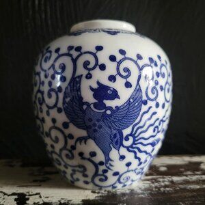 Small Vintage Blue and White Porcelain Jar Phoenix Design, Chinoiserie * No Lid